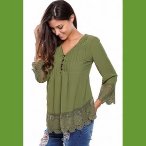 Army Green Lace Button Up Sleeved Blouse